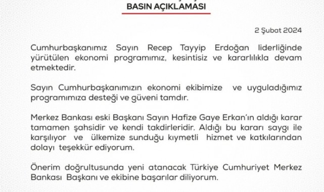 Bakan Şimşek: "TCBM Başkanı Erkan'ın aldığı karar şahsidir"