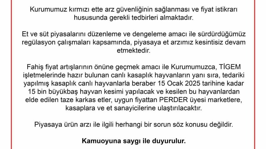 Et ve Süt Kurumu: "15 Ocak 2025 tarihine kadar 15 bin büyükbaş hayvan kesimi yapılacak"